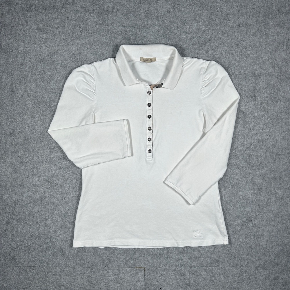 Burberry Brit Polo Women Large White Long Sleeve Puffed Shoulder Designer Luxury